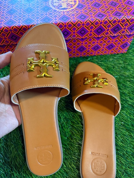 Tory Burch Shoes - Tory Burch Tan Miller Slide Sandals with Gold Logo